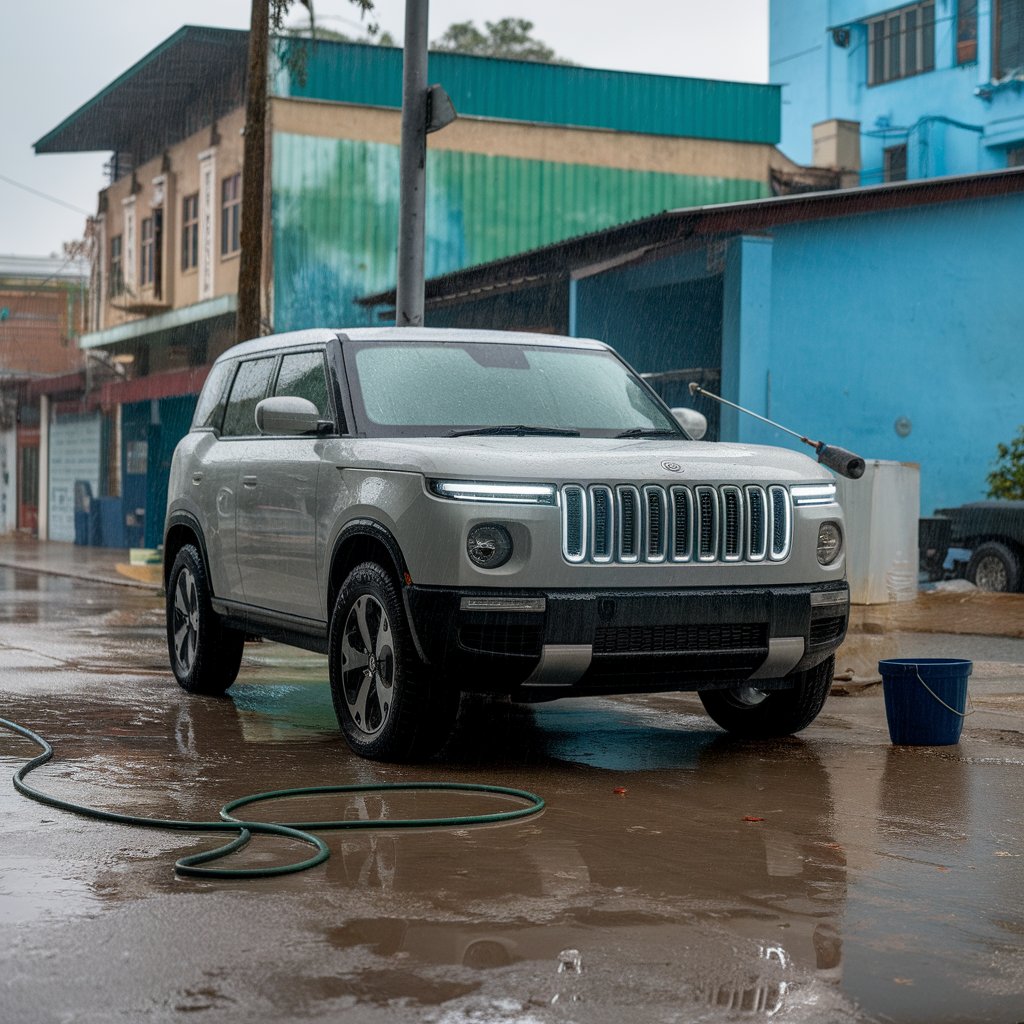 Car care tips for monsoon illustrated through safe car washing on a rainy day in an Indian city, removing mud without damaging the paint. 