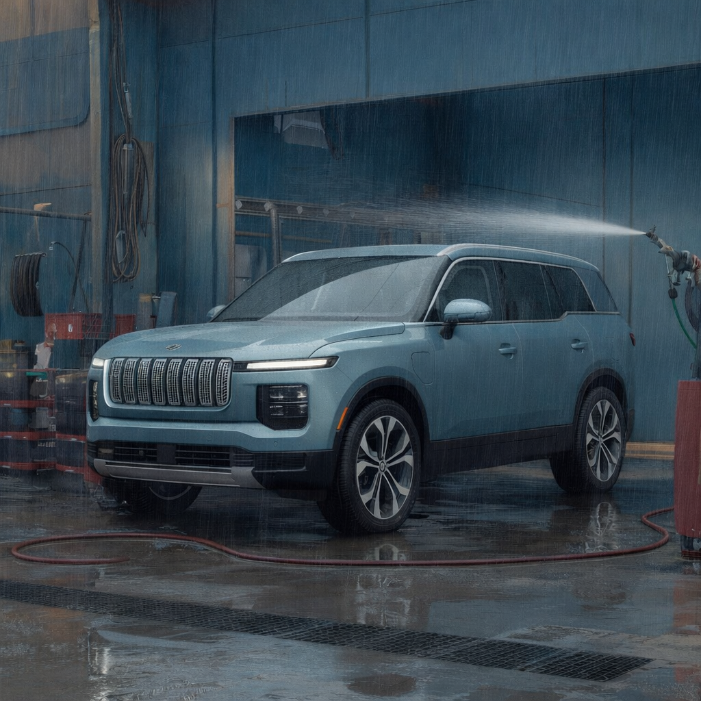 Rainy season car care demonstrated through controlled washing in wet conditions, preventing water spots, corrosion, and paint damage. 