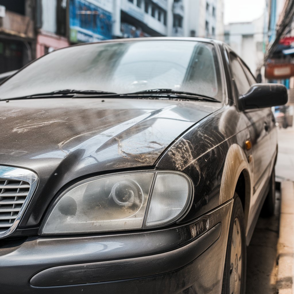 Water spots on car paint caused by hard water and poor drying, signalling the need for expert car detailing.