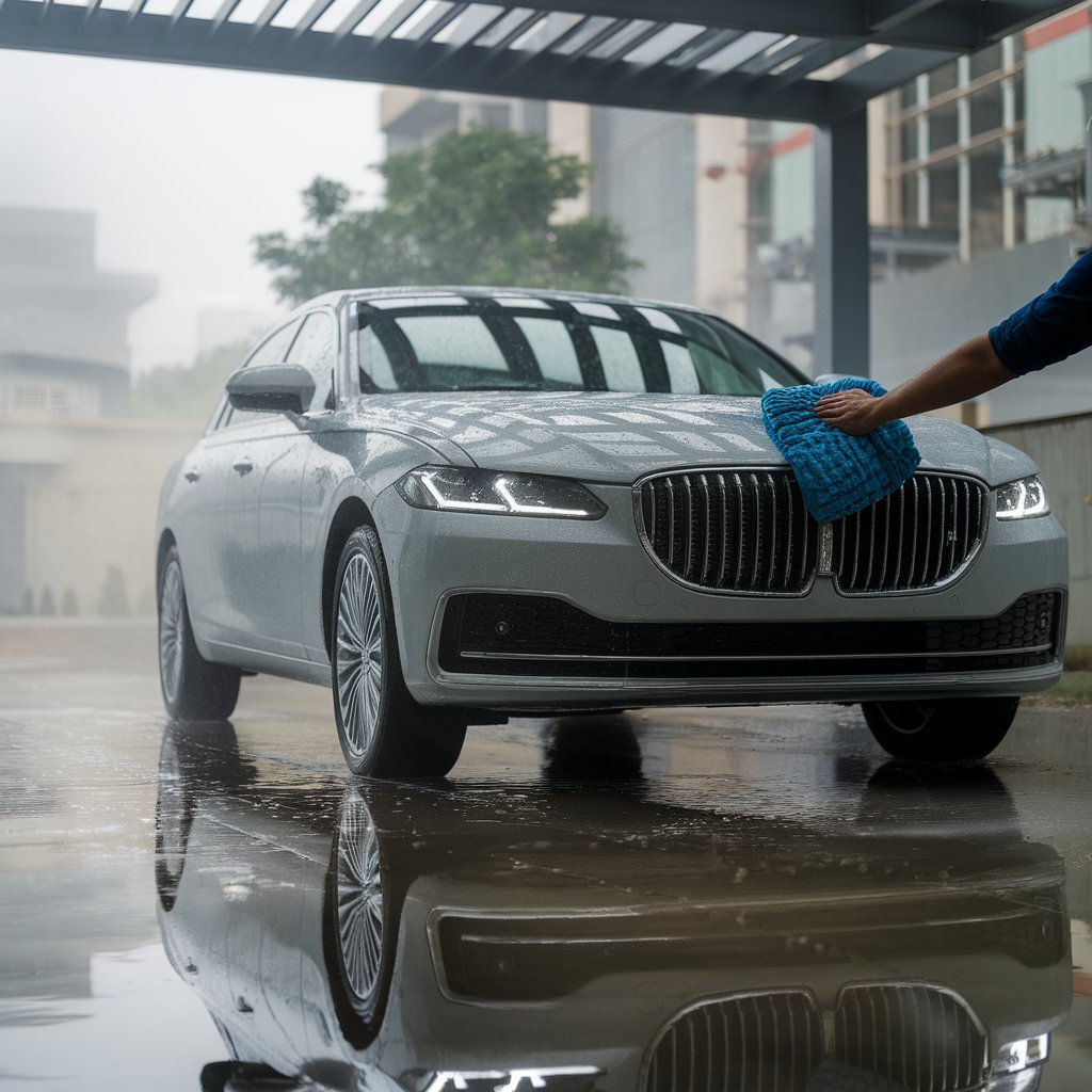 Car wash tips and tricks illustrated through safe hand washing in a shaded Indian setting to protect car paint. 