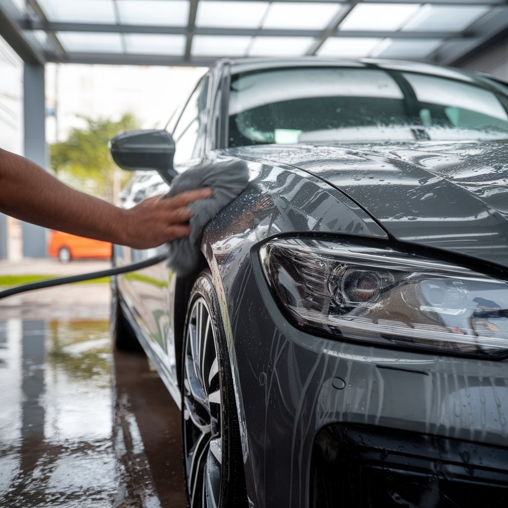 Easy car washing tips demonstrated by proper microfiber use on wet paint to prevent marks and scratches. 