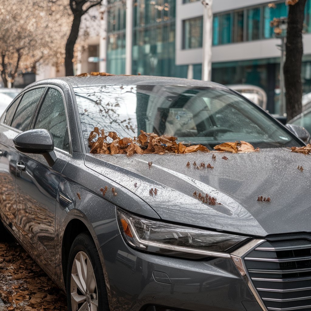Tree sap car paint damage caused by prolonged parking under trees, leading to stains and surface deterioration. 