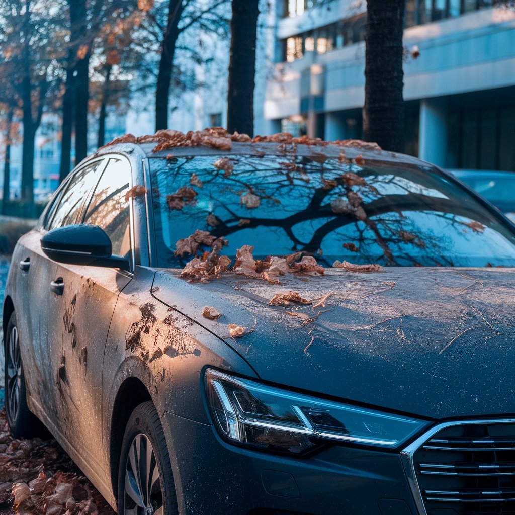 Acid rain damage and environmental residue affecting car paint after extended outdoor exposure in an Indian city. 