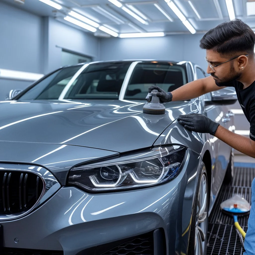 Technician carefully working on the car surface to protect new car paint from early swirl marks, dust exposure, and UV damage common in Indian cities.