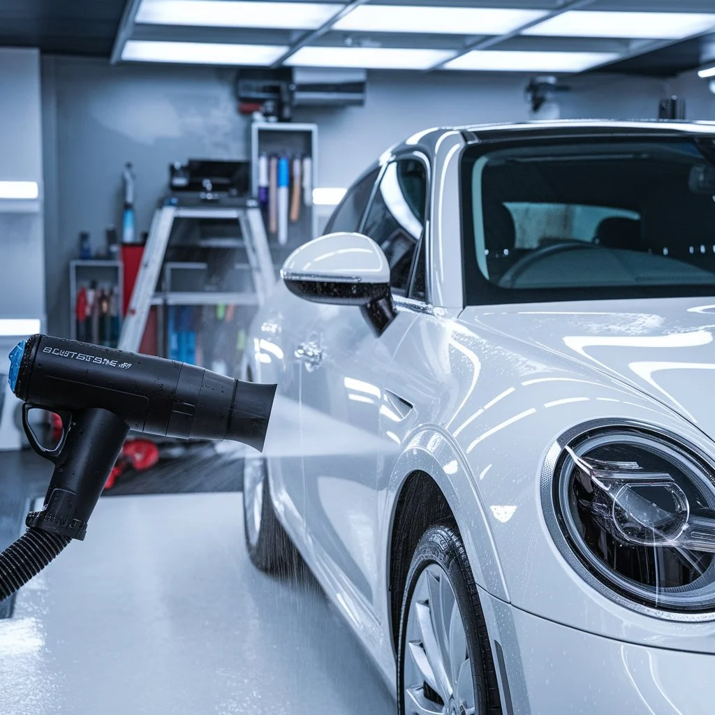 Safe car drying methods using a touchless air blower to remove water without direct contact on the paint surface.