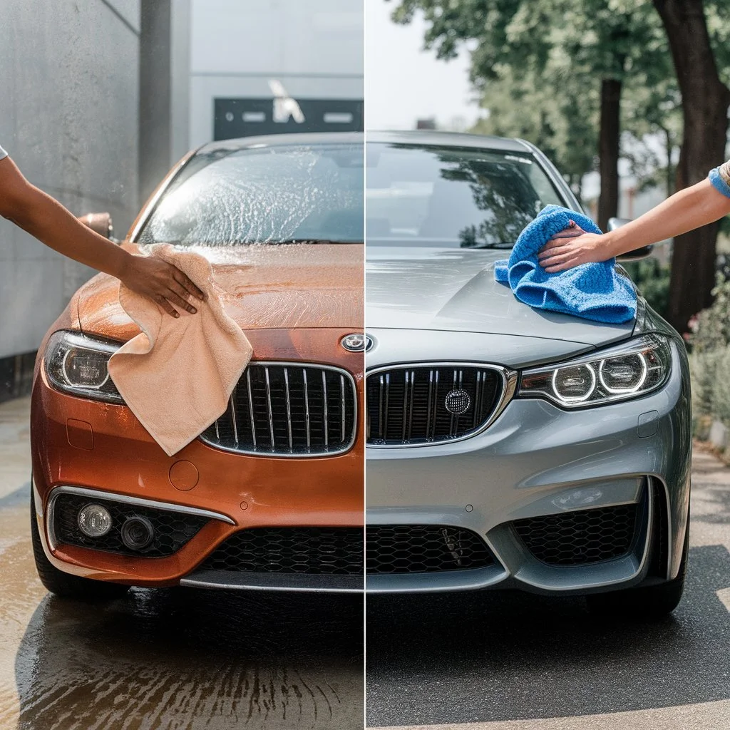 Proper car drying process comparison showing incorrect towel dragging versus gentle microfiber drying to prevent swirl marks. 