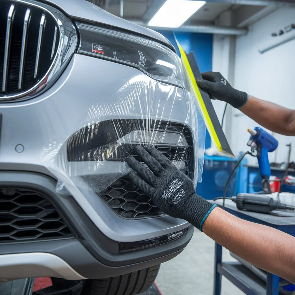 Paint protection film peeling being addressed by a professional technician carefully applying and smoothing PPF across a car front bumper using a squeegee tool.