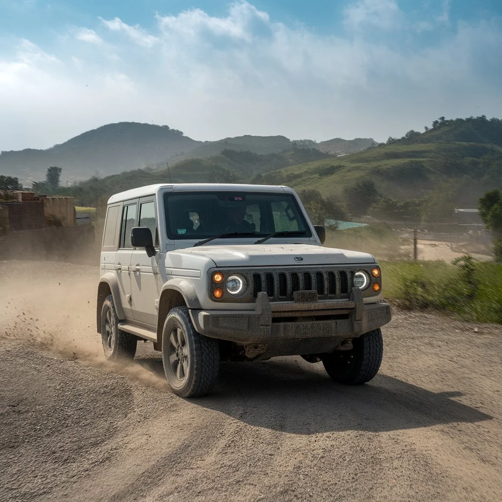 Paint protection film road debris defence needed for Indian off road SUVs travelling on dusty rural routes near hilly terrain.