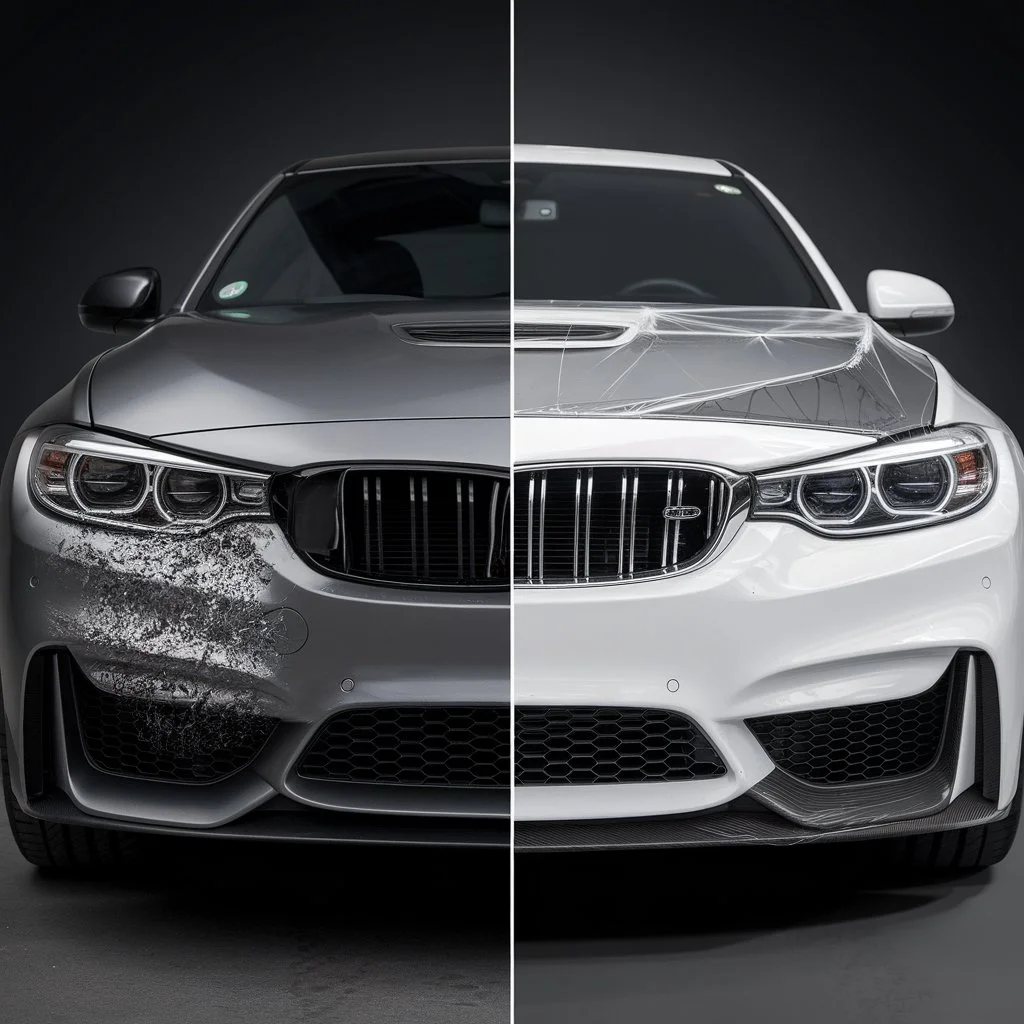 Car paint protection from gravel shown through a split view of chip damaged paint versus a PPF protected clean car surface.