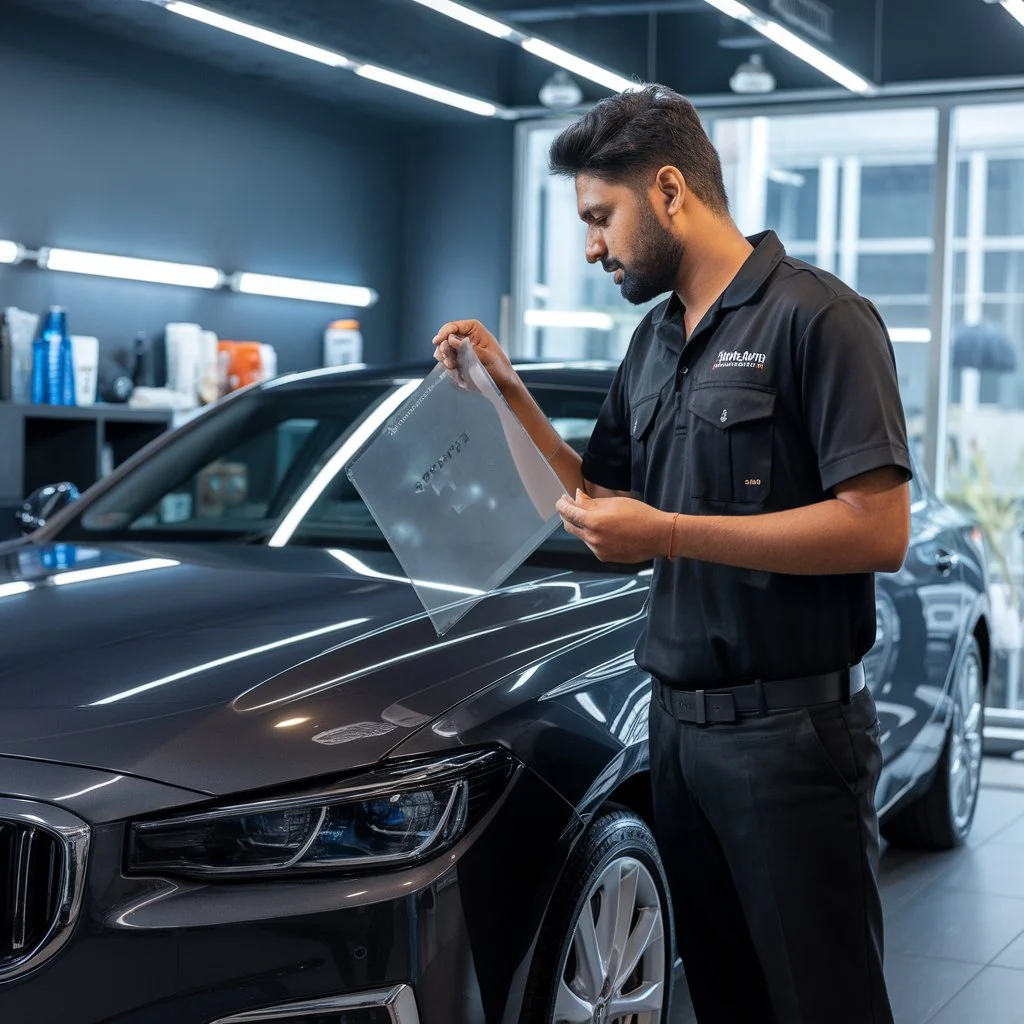 PPF thickness in microns assessed by an Indian detailing professional holding a clear protection film sheet indoors.