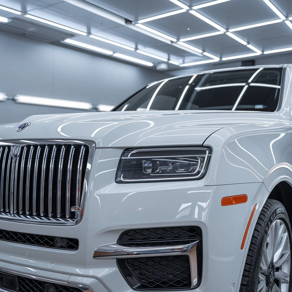 Thickness of PPF protecting a white luxury SUV with a flawless finish inside a professional detailing bay.