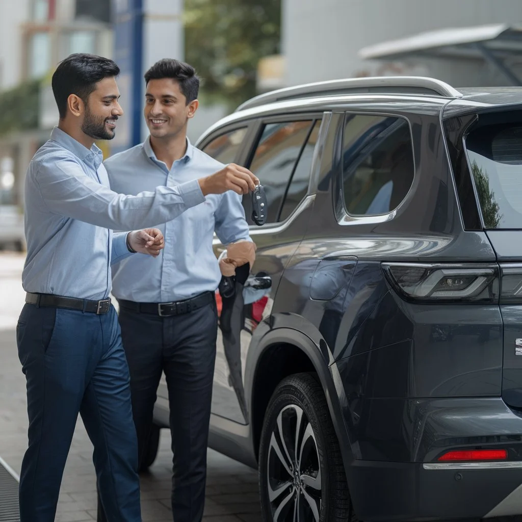 Paint protection film resale benefits reflected in a confident car key handover between two Indian buyers outside a dealership.