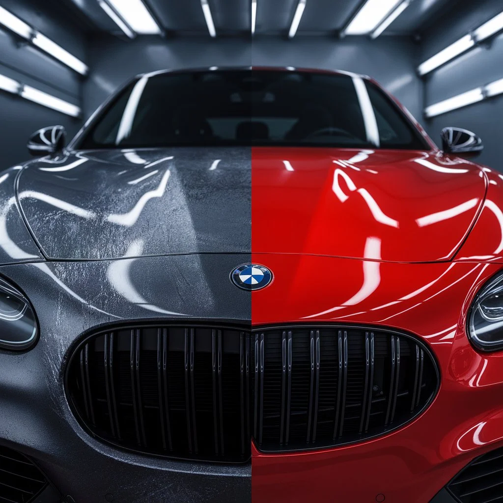 Car resale value with PPF compared through a split view showing dull unprotected paint against a glossy protected car finish.