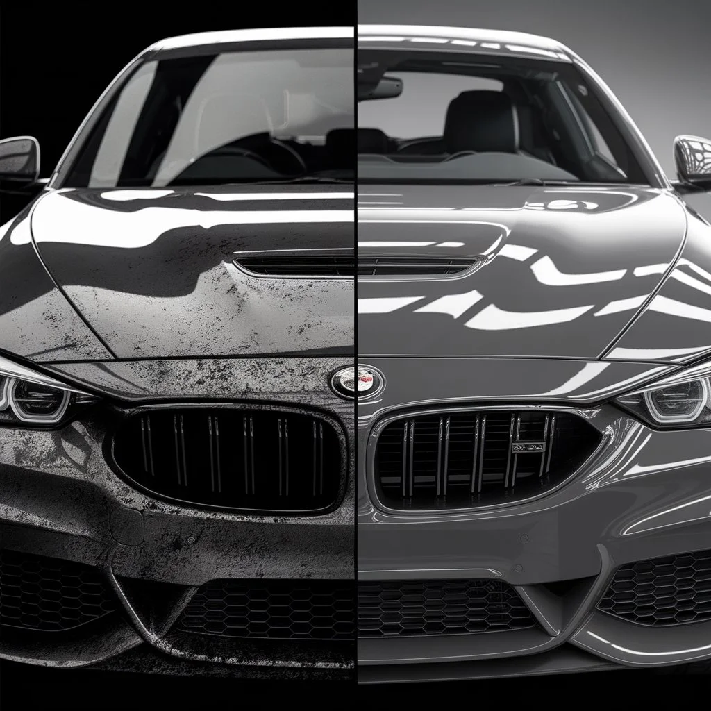 PPF pros and cons visually compared through a split view of damaged unprotected paint against a clean glossy protected car finish.