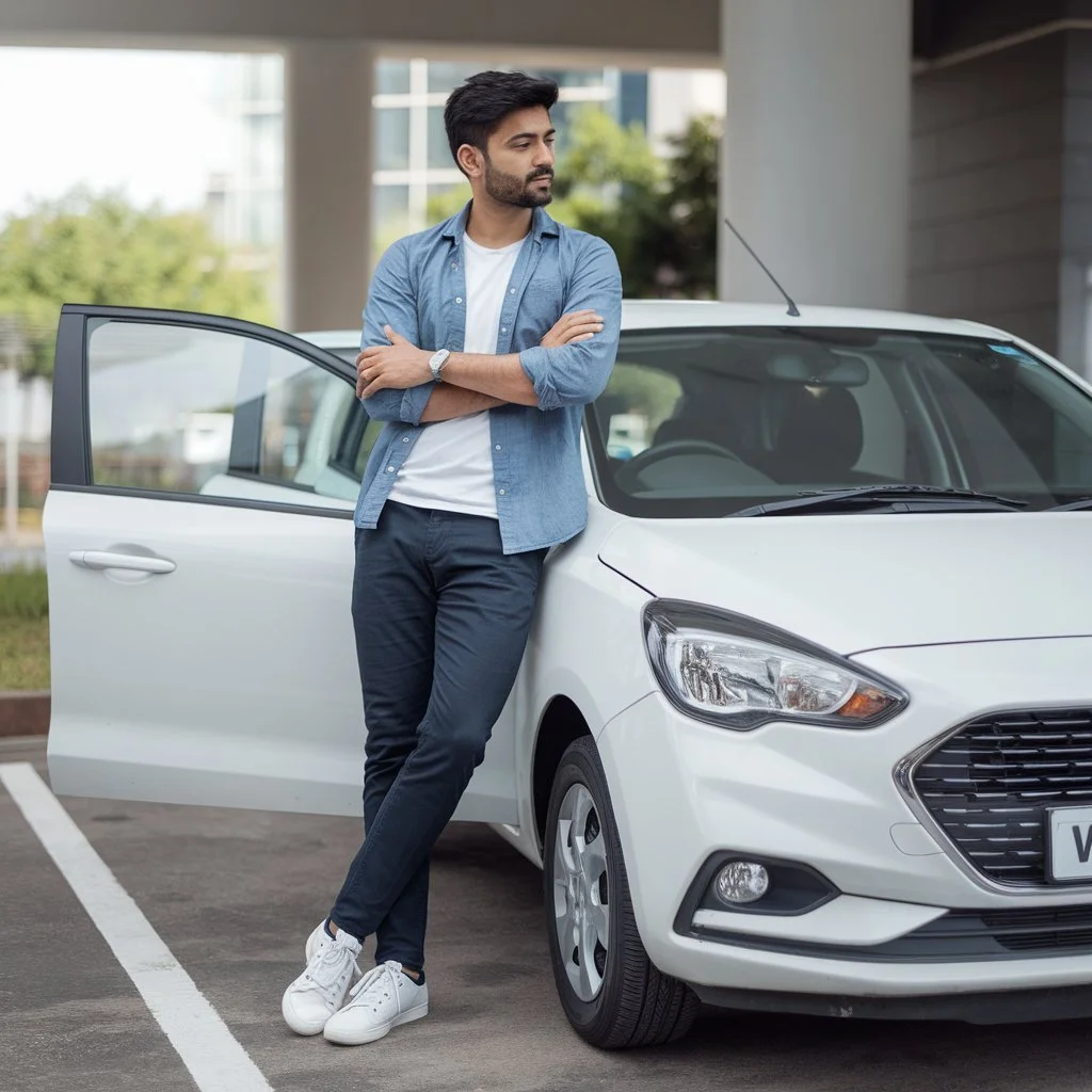 Is paint protection film worth it reflected in a confident young Indian car owner leaning against a well maintained white hatchback.